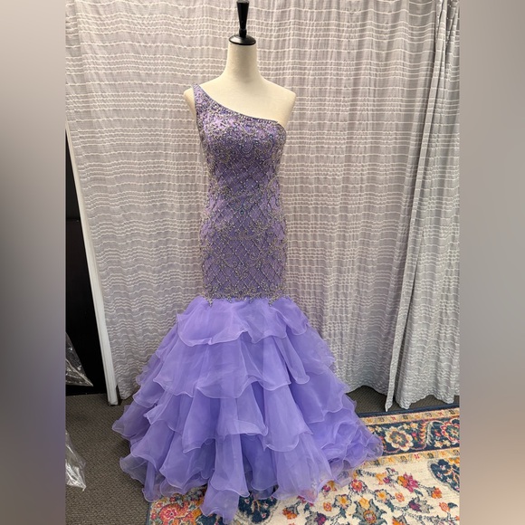 Rachel Allan Lavender One-Shoulder Ruffled Mermaid Gown - Picture 3 of 8